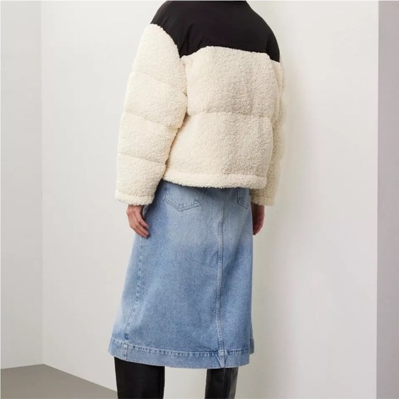 Maje Faux Shearling Padded Quilted Jacket Coat Colorblock Hoodie Sz 1 Oversized - Picture 2 of 16